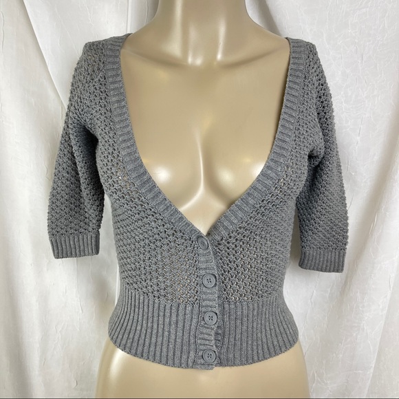 Heritage 1981 Sweaters - Cloudy Grey Cropped V Neck Sweater Cardigan Open Knit 3/4 Sleeves I Love H81 S